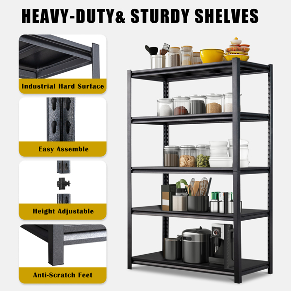 78" H Adjustable Garage Shelves, 5-Tier Heavy Duty Shelving Unit, 2200LBS Wide Metal Utility Storage Organizer Racks for Warehouse Pantry Closet Kitchen, Black