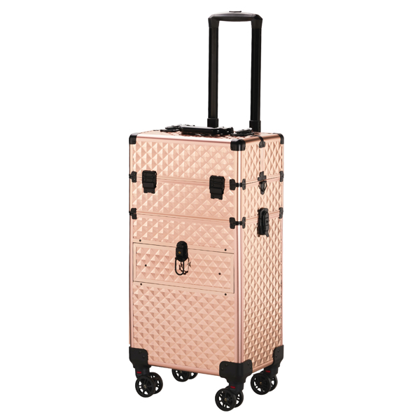 FCH 2-in-1 Front Drawer with Slide Rails, Flat Left Drawer, Detachable Universal Wheels, Aluminum, Diamond Pattern, Champagne Gold, Cosmetic Case 34*24*72.5cm