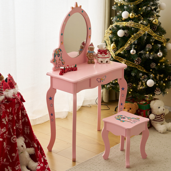 Kids Vanity Table and Chair Set, Girls Vanity with Mirror & Stool, Cute Unicorn Design, Pretend Play Makeup Dressing Princess Table for Toddlers, Pink