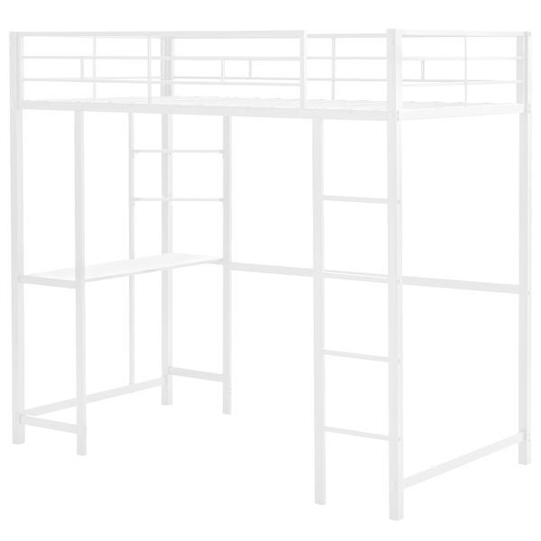 Twin Size Metal Loft Bed with Desk and Storage Shelves, 2 Built-in Ladders & Guardrails, Loft Bed Frame for Teens Juniors Adults, Noise Free, No Box Spring Needed, White