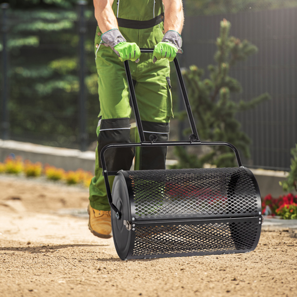 24 inch Compost Spreader for Lawn, Garden Peat Moss Roller with Double Side Latches, Powder Coated Steel Mesh Basket for Topdressing & Seedling, Black