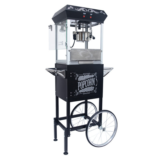 Popcorn Machine with Cart – 6oz Popper with Stainless-steel Kettle, Heated Warming Deck, and Old Maids Drawer,Black 