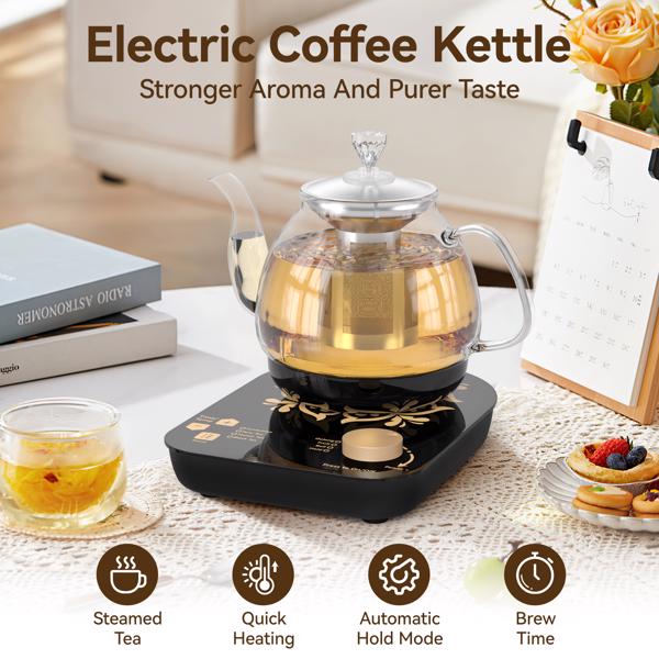 Compact Tea Maker Electric Glass Kettle，Dual Methods of Steaming and Brewing with Temperature and Timer Programs，Cordless 800W 0.8 Liters capacity for get your favorite teas.