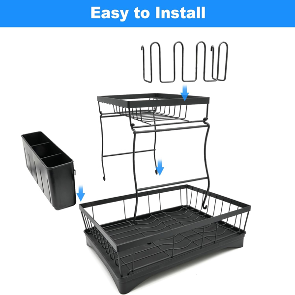 Kitchen counter large utensil drying rack, detachable large capacity utensil drying rack with utensil rack, 2-story utensil drying rack with drain board, black