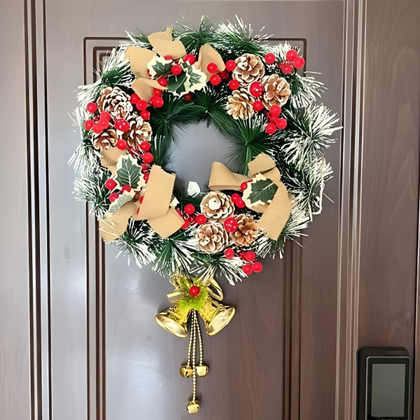 Christmas wreath for Front door, Home Decoration Christmas Door wreath, weatherproof, artificial Holly wreath with red bow, indoor or outdoor wreath for Christmas decoration