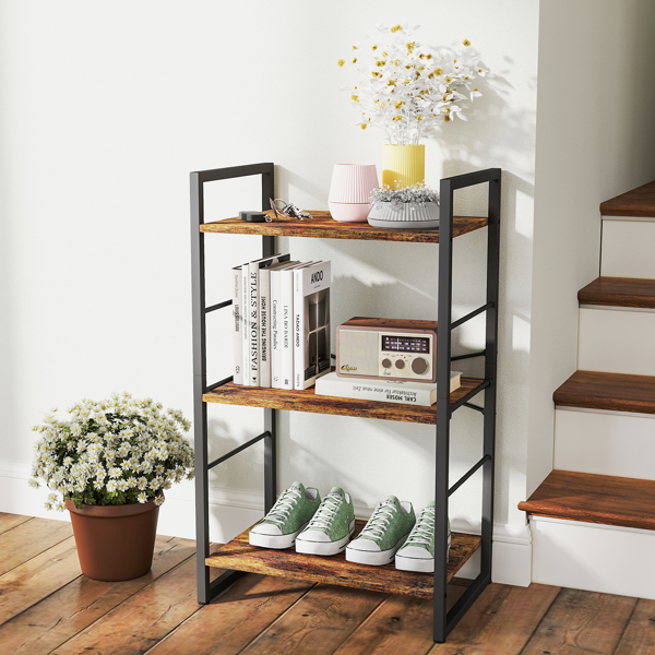 Small Bookshelf 3-Tier Bookcase, Metal Bookshelf for Study, Bedroom, Living Room and Kitchen, Height Adjustable (Brown)