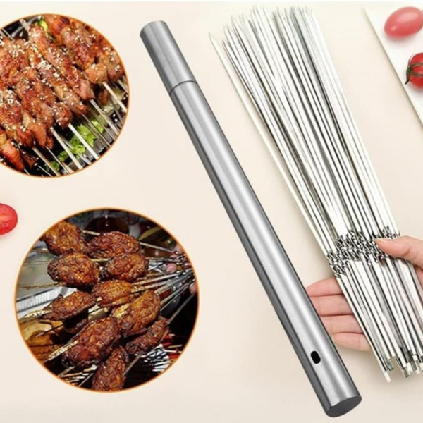 50 reusable 1.3mm thick barbecue skewers and 1 tube of barbecue storage, perfect for outdoor camping, picnicking, barbecuing, birthday party supplies, barbecue accessories