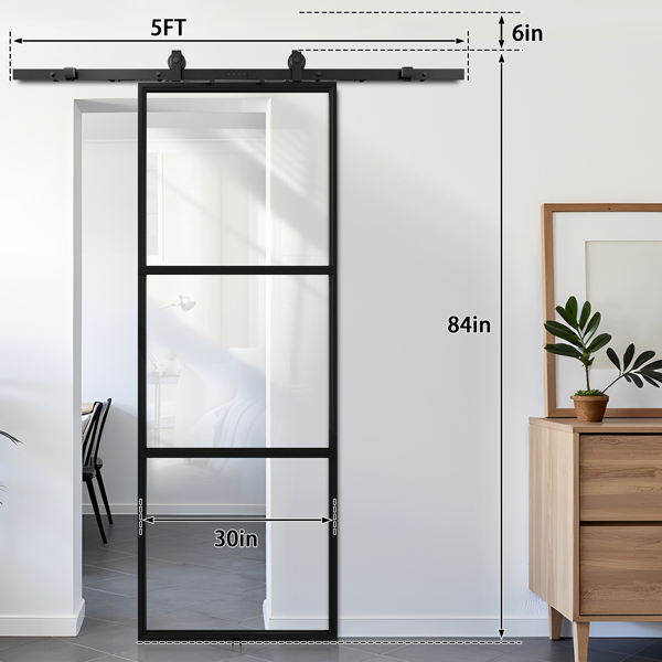 30 in.  x 84 in.     Glass Sliding Barn Door with  5FT Barn Door Hardware Kit & Soft Close Mechanism，Interior Clear Glass Black Steel Frame，Requires Simple DIY Assembly