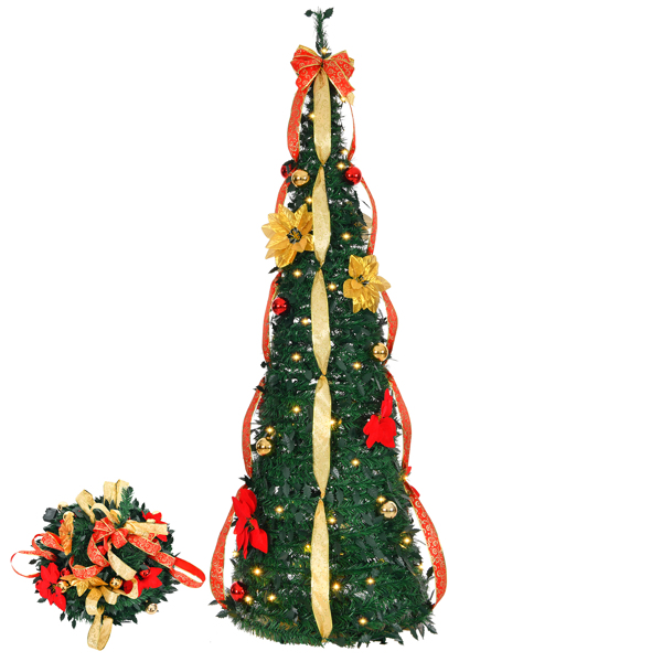 6 FT Fully Decorated Pre-lit Christmas Tree, Pop Up Artificial Xmas Tree with 80 Warm Lights Battery Operated and Red & Golden Ornaments for Home Office Store Holiday Deco