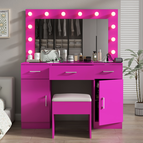 Vanity Desk Set with Large Lighted Mirror and Powre Outlet, Glass Top Makeup Vanity with 3 Drawers and 2 Cabinets, Vanity Table with 12 LED Lights, 3 Lighting Color Adjustable, Pink