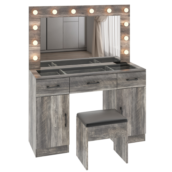 Vanity Desk Set with Large Lighted Mirror and Powre Outlet, Glass Top Makeup Vanity with 3 Drawers and 2 Cabinets, Vanity Table with 12 LED Lights, 3 Lighting Color Adjustable, Grey