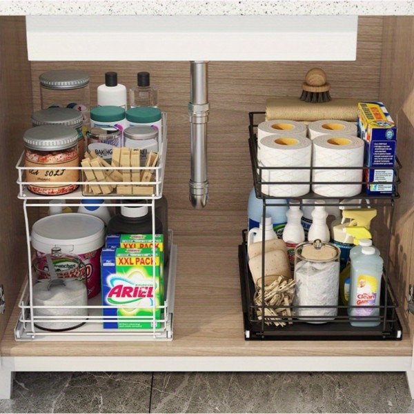 Two Tier sink organizer, pull out cabinet organizer two layers slide out of the sink cabinet organizer, kitchen and bathroom cabinet sink organizer below