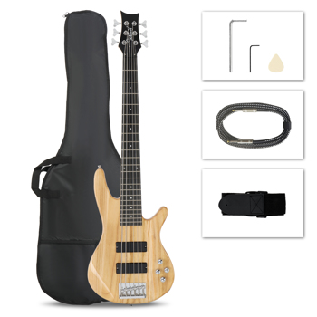 Glarry Full Size GIB 6 String H-H Pickup Electric Bass Guitar Bag Strap Pick Connector Wrench Tool Burlywood