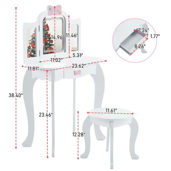 Kids Vanity Table and Chair Set, 2-in-1 Girls Vanity with Tri-Folding Mirror & 3-Color LED Lights, 1 Drawer, Pretend Play Makeup Dressing Princess Table for Toddlers, White