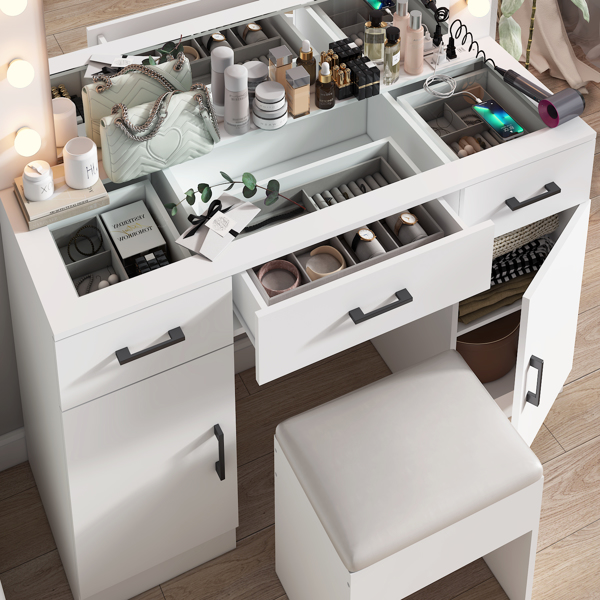 Vanity Desk Set with Large Lighted Mirror and Powre Outlet, Glass Top Makeup Vanity with 3 Drawers and 2 Cabinets, Vanity Table with 12 LED Lights, 3 Lighting Color Adjustable, White