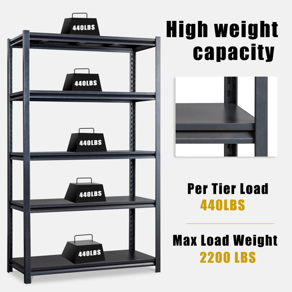 78" H Adjustable Garage Shelves, 5-Tier Heavy Duty Shelving Unit, 2200LBS Wide Metal Utility Storage Organizer Racks for Warehouse Pantry Closet Kitchen, Black