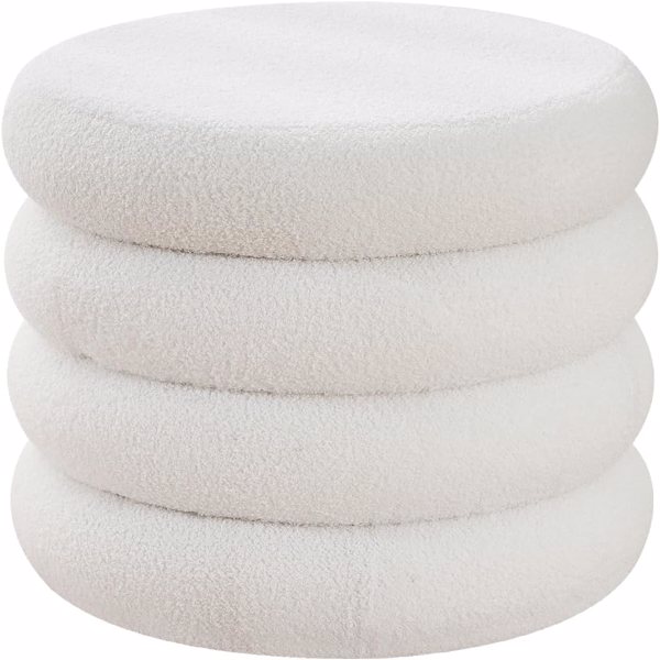 Round Storage Ottoman, Modern Sherpa Footstool, Teddy Vanity Stool with Flip-Top Tray, Makeup Chair for Home Decor, Upholstered Footrest for Living Room & Bedroom (White)