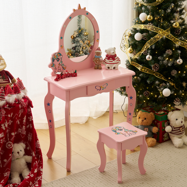 Kids Vanity Table and Chair Set, Girls Vanity with Mirror & Stool, Cute Unicorn Design, Pretend Play Makeup Dressing Princess Table for Toddlers, Pink