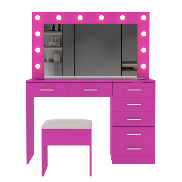 Vanity Desk Set with Large Lighted Mirror and Powre Outlet, Glass Top Makeup Vanity with 7 Drawers, Vanity Table with 12 LED Lights, 3 Lighting Color Adjustable, Pink