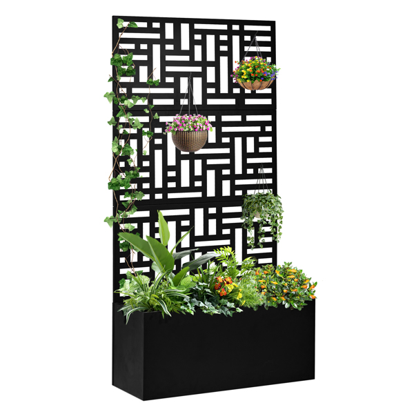 Metal Garden Bed with Trellis, 70 Inch Height Metal Planter Box with Trellis, Garden Box for Climbing Plants Vegetable, Metal Garden Bed with Drainage Holes, Black