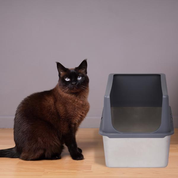 XXL Stainless Steel Cat Litter Box with Lid, Extra Large Litter Pan with High Sides, Easy Cleaning, Include Double Layer Litter Mat and Scoop, Gray