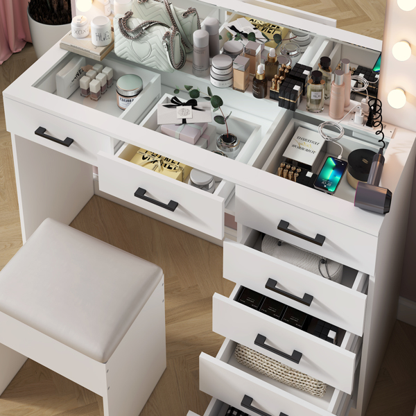 Vanity Desk Set with Large Lighted Mirror and Powre Outlet, Glass Top Makeup Vanity with 7 Drawers, Vanity Table with 12 LED Lights, 3 Lighting Color Adjustable, White