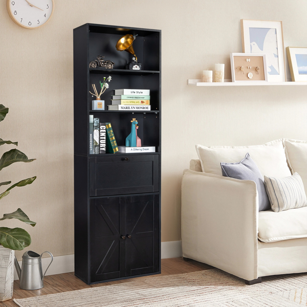 FCH 3-Layer 1 Drawer 2 Doors Double Z Shape Melamine Board 60*23.5*180cm Display Cabinet Black