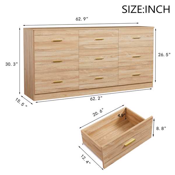 Modern Natural 9-Drawer Dresser for Bedroom - Ample Storage Wide Chest of Drawers, Sturdy & Safe