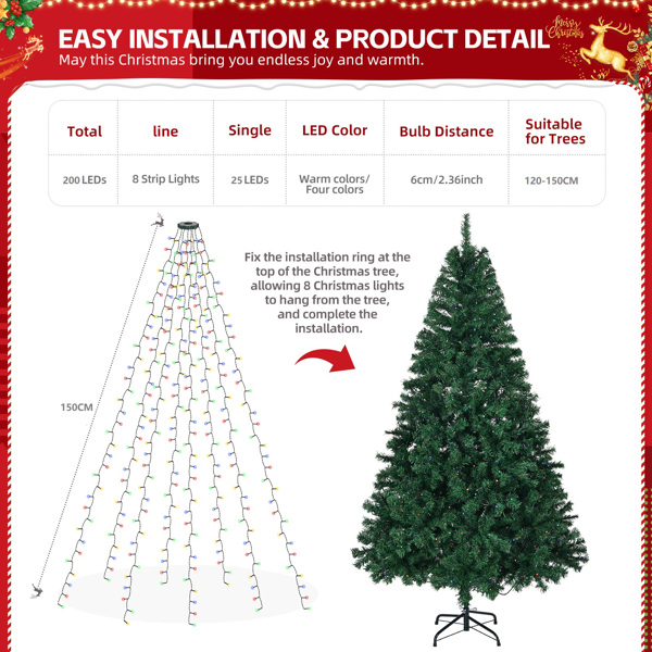 150cm Christmas Tree Lights with Ring, 200 LED Xmas String Lights with Warm White & Colorful Light, 11 Modes and Remote Control for Christmas Party Decorations