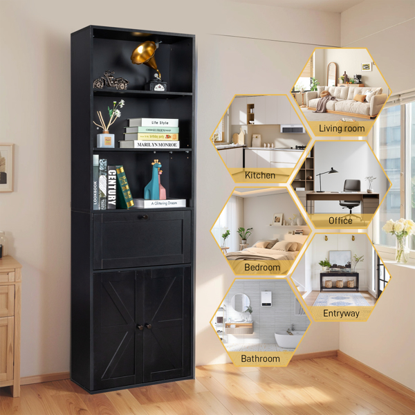 FCH 3-Layer 1 Drawer 2 Doors Double Z Shape Melamine Board 60*23.5*180cm Display Cabinet Black