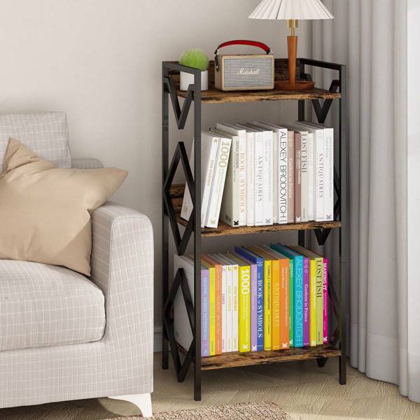 3 Tier Bookshelf For Small Space, Small Metal Bookshelf For Books, Organizers And Storage For Office, Living Room, Bedroom, Rustic Bookshelf, Table