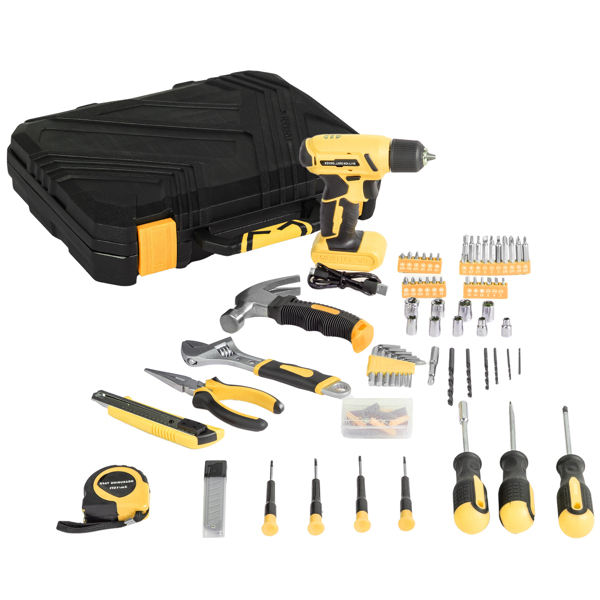 146-Piece Drill Set with 8V Yellow Cordless Drill, Home Tool Kit with Drill, House Repairing Hand Tool Kits with Portable Case, for DIY Home Maintenance