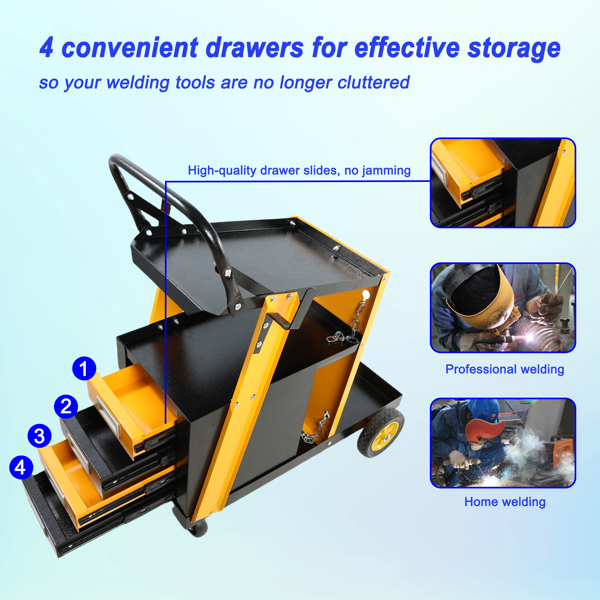 Multi-function welder trolley, MIG TIG ARC plasma cutter storage tank with 2 safety chains, portable 4-drawer chest, weight 280 LBS