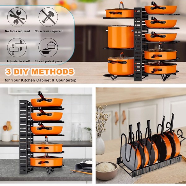 2 Pack Pot and Pan Rack, Pot Rack Organizers, Kitchen Organization & Storage Rack, Adjustable Pot Lid Holders & Pan Rack