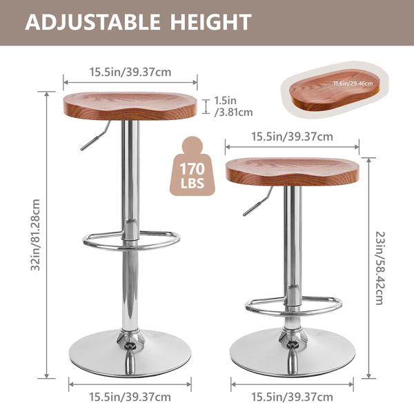 Moderne Barhocker, drehbar, höhenverstellbar, Barhocker, Thekenhöhe,rückenfrei,hydraulischer Barhocker mit Holzplatte, Barhocker für Küche,Insel,Bar (Tiefbraun+galvanisch versilbert, 2 Pcs)