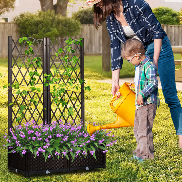 Wicker Trellis Planter, Outdoor Raised Garden Bed with Drainage Holes, Free-Standing Trellis Planter Box for Vine Climbing Plants and Flowers in Garden Patio Balcony, Brown