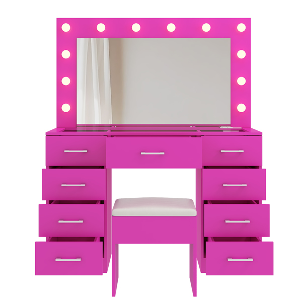 Vanity Desk Set with Large Lighted Mirror and Powre Outlet, Glass Top Makeup Vanity with 9 Drawers, Vanity Table with 12 LED Lights, 3 Lighting Color Adjustable, Pink