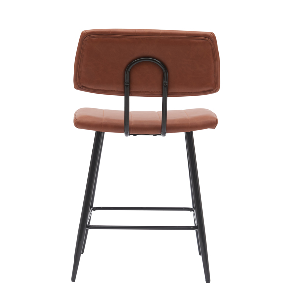 Counter High bar stool 2 piece set, padded bar stool with backrest and metal legs, high seat height, faux leather saddle brown