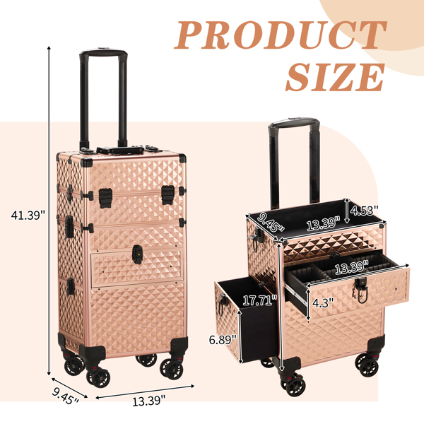 FCH 2-in-1 Front Drawer with Slide Rails, Flat Left Drawer, Detachable Universal Wheels, Aluminum, Diamond Pattern, Champagne Gold, Cosmetic Case 34*24*72.5cm