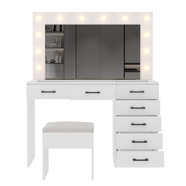 Vanity Desk Set with Large Lighted Mirror and Powre Outlet, Glass Top Makeup Vanity with 7 Drawers, Vanity Table with 12 LED Lights, 3 Lighting Color Adjustable, White