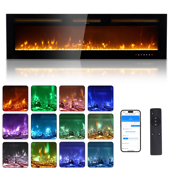 ZOKOP 60" Smart WiFi Electric Fireplace Insert, 1500W Wall Recessed/Mounted, Freestanding Fireplace Heater with Remote Control, 12 Color Adjustable Flames, Thermostat, 8H Timer, 5 Brightness Settings