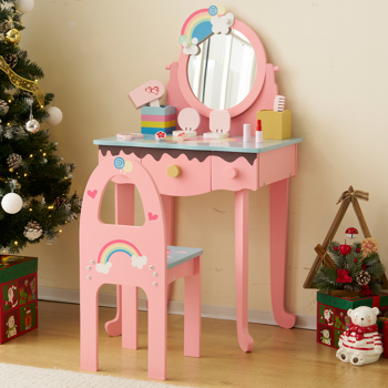 Kids Vanity Table and Chair Set with 7pcs Pretend Play Makeup Toys, Girls Vanity with Mirror & Stool, 3 Drawers & Tabletop Storage, Princess Table for Toddlers, Pink