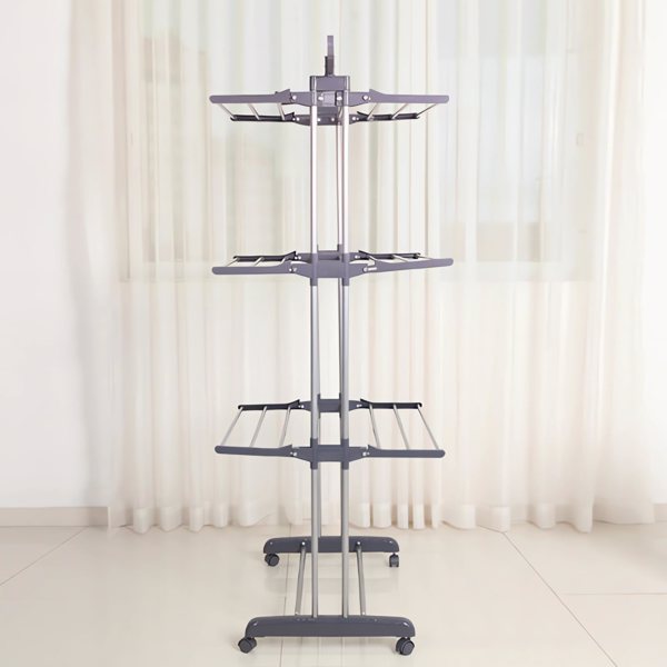 Clothes Drying Rack, Oversized 4-Tier(67.7" High) Foldable Stainless Steel Drying Rack Clothing, Movable Drying Rack with 4 castors, 24 Drying Poles and 14 Hooks for Bed Linen, Clothing, Grey