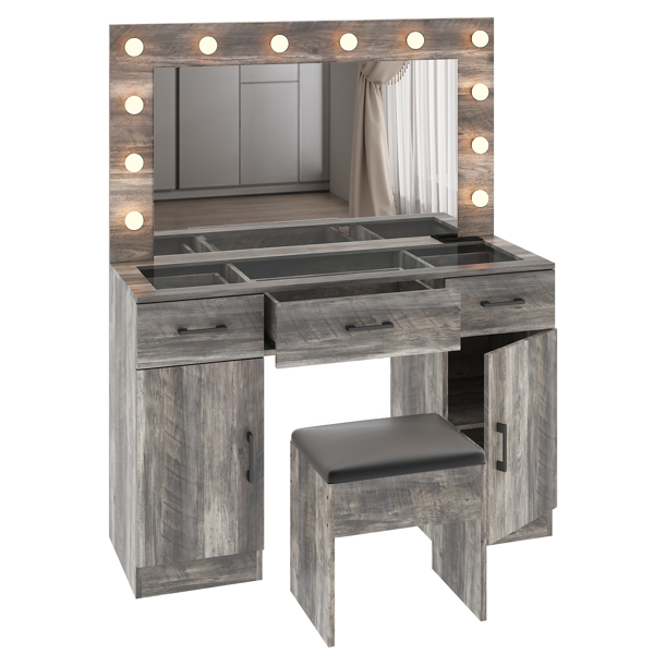 Vanity Desk Set with Large Lighted Mirror and Powre Outlet, Glass Top Makeup Vanity with 3 Drawers and 2 Cabinets, Vanity Table with 12 LED Lights, 3 Lighting Color Adjustable, Grey