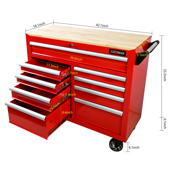 9 DRAWERS MULTIFUNCTIONAL TOOL CART WITH WHEELS AND WOODEN TOP