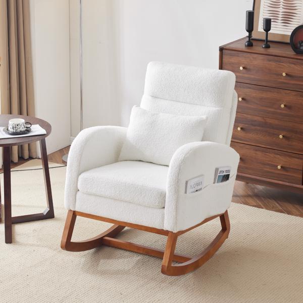 White Teddy Fleece Rocking Chair Nursery with Thick Headrest, Upholstered Mid-century Modern Nursing Rocker Glider with Curved Armrest, Sturdy Solid Wood Base for Living Room,Bedroom, Baby Room