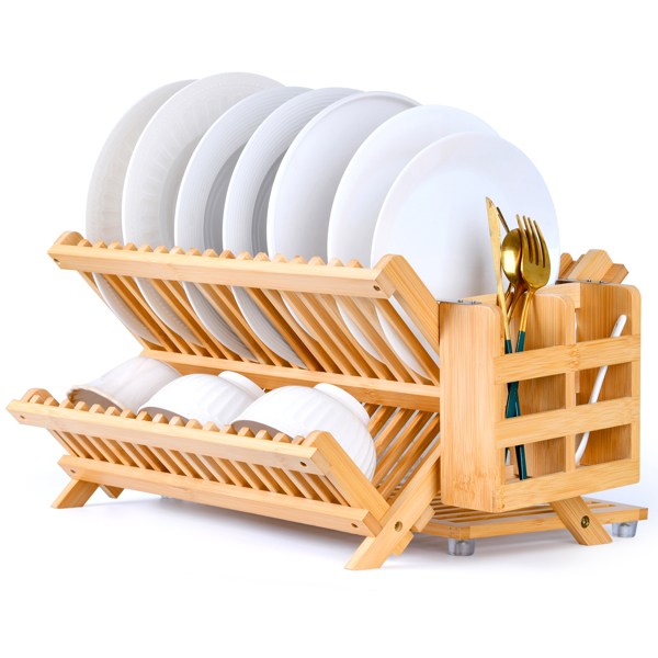 Bamboo Dish Rack, 3-Tier Foldable Wood Dish Drying Rack for Kitchen Counter – Space-Saving Organizer with Utensil Holder, Perfect for Small Kitchens and Apartments