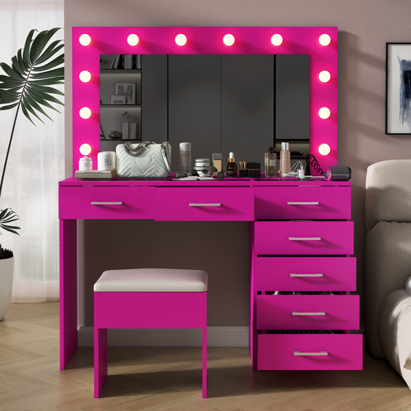 Vanity Desk Set with Large Lighted Mirror and Powre Outlet, Glass Top Makeup Vanity with 7 Drawers, Vanity Table with 12 LED Lights, 3 Lighting Color Adjustable, Pink