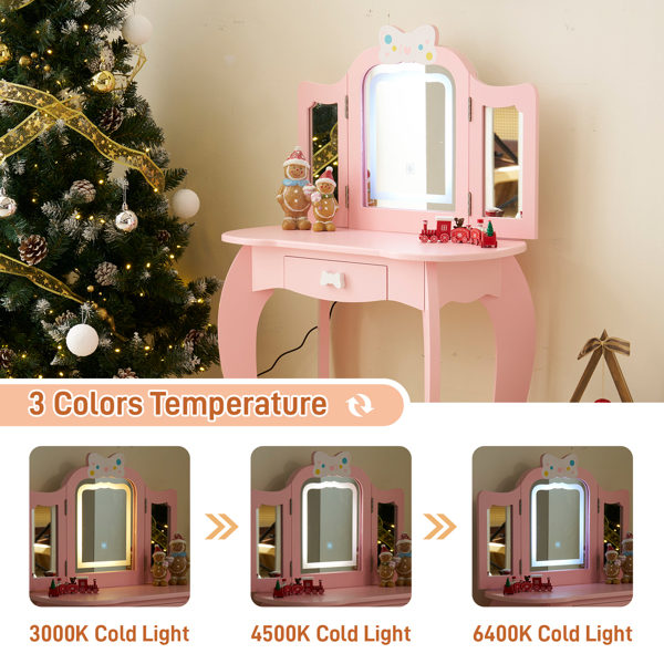 Kids Vanity Table and Chair Set, 2-in-1 Girls Vanity with Tri-Folding Mirror & 3-Color LED Lights, 1 Drawer, Pretend Play Makeup Dressing Princess Table for Toddlers, Pink