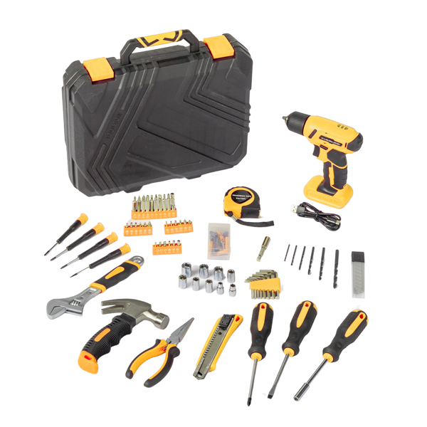 146-Piece Drill Set with 8V Yellow Cordless Drill, Home Tool Kit with Drill, House Repairing Hand Tool Kits with Portable Case, for DIY Home Maintenance